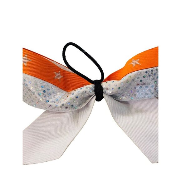 Girls Oversize Hair Bow 8" Elastic Ponytail Silver Orange Star Print - Picture 16 of 16